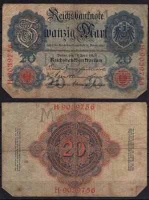 Германия 20 марок 1910 Pick 40 b бумага 6293-34-2-1