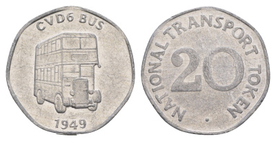 Великобритания транспортный жетон в 20 пенсов - CVD6 Bus 1949 ND (1973-2014) диаметр 25 мм, вес 1,5 гр алюминий 4656-354