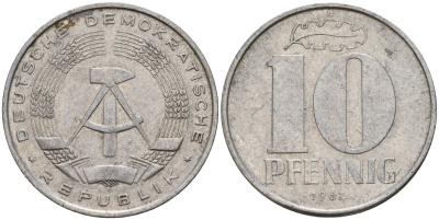 ГДР 10 пфеннигов 1967 A KM 10 алюминий 27-432