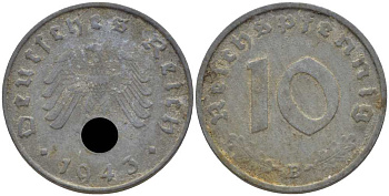 ГЕРМАНИЯ 10 РЕЙХСПФЕННИГОВ 1943 B KM 101, J. 371 цинк 4401-541