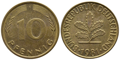 ФРГ 10 ПФЕННИГОВ 1981 F KM 108, J. 383 сталь плакированная латунью 56-1014