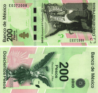 Мексика 200 песо 2008 (2010) 200 лет независимости Мексики, серия A, префикc E Pick 129e бумага UNC-445-9-3