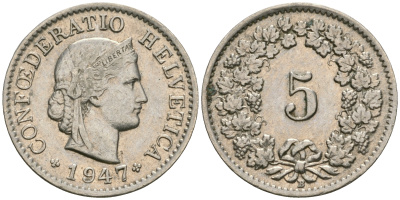 Швейцария 5 раппенов 1947 KM 26 медно-никель UNC 4608-1042