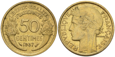 Франция 50 сантимов 1937 KM 894.1, Le Franc 192.15 алюминиевая бронза 4596-769