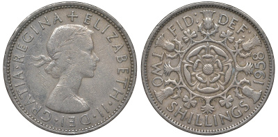 Великобритания 2 шиллинга (флорин) 1958 Елизавета II (1952-2022) KM 906, Spink 4146 медно-никель 4131-535