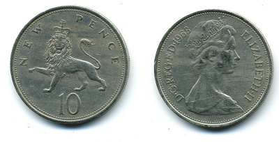 Великобритания 10 пенсов 1968 Елизавета II (1952-2022) KM 912, Spink 4231 (F1) медно-никель  4110-1123