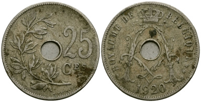 Бельгия 25 сантимов 1920 Belgique KM 68 медно-никель 4168-1221