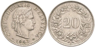 ШВЕЙЦАРИЯ 20 РАППЕНОВ 1943 В KM 29a медно-никель 55-712