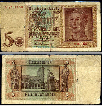 Германия 5 рейхсмарок 1942 Pick 186a(1) бумага 8564-1-1-1