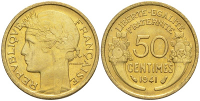 ФРАНЦИЯ 50 САНТИМОВ 1941 ТИП MORLON KM 894.1, LE FRANC 192.18 алюминиевая бронза 44-445