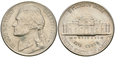 США 5 центов 1991 Р, Томас Джефферсон KM А192 медно-никель    4364-3542