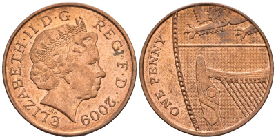 Великобритания 1 пенни 2009 Елизавета II (1952-2022) KM 1107, Spink B6 сталь плакированная медью 4609-661