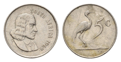 ЮАР 5 центов 1965 Ян ван Рибек (1619-1677), South Africa, легенда на англинском, райский журавль KM 67.1 медно-никель 4640-1013