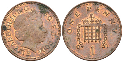 Великобритания 1 пенни 2005 Елизавета II (1952-2022) KM 986, Spink 4710 (B5) сталь плакированная медью 4609-627