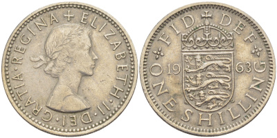 Великобритания 1 шиллинг 1963 Елизавета II (1952-2022), Английский герб KM 904, Spink 4147 медно-никель 83-1314
