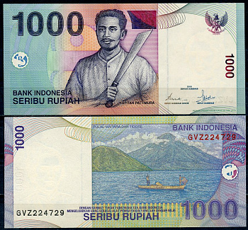 Индонезия 1000 рупий 2000/2003 Капитан Паттимура, вулкан Pick 141 d  бумага  UNC (пресс) 448-6-2