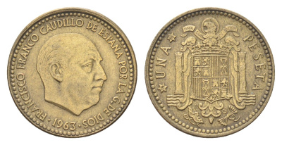 Испания 1 песета 1963 (66) Франциско Франко (1939-1975) KM 775 алюминиевая бронза 4705-1049