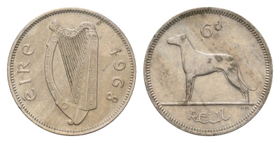 Ирландия 6 пенсов 1968 собака, ирландский волкодав KM 13a медно-никель 4690-344