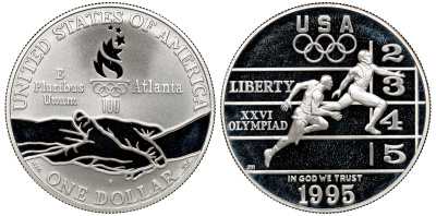 США 1 доллар 1995 Р, XXVI Олимпийские игры в Атланте, легкая атлетика, коробка KM 264 серебро  PROOF  00-00