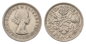 Великобритания 6 пенсов 1962 Елизавета II (1952-2022) KM 903, Spink 4149 медно-никель 4696-828