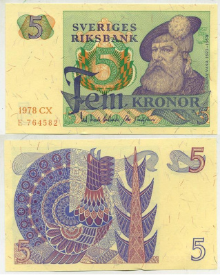 Швеция 5 крон 1978 CX, Густав I Ваза Pick 51d бумага aUNC 444-131-3