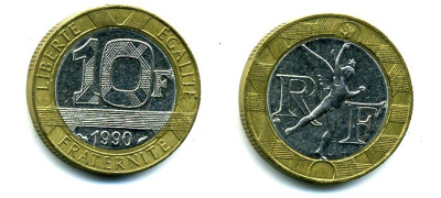 Франция 10 франков 1990 тип Гений Бастилии KM 964.1, Le Frank 375.5 биметалл 37-144