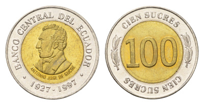 Эквадор 100 сукре 1997 70 лет Центробанку KM 101 биметалл UNC 4697-434