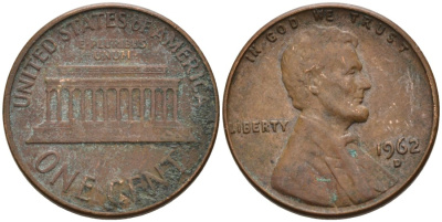 США 1 цент 1962 D, Линкольн KM 201 медь цинк 4564-413