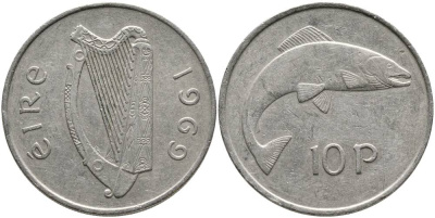 ИРЛАНДИЯ 10 ПЕНСОВ 1969 ЛОСОСЬ KM 23 медно-никель 4531-731
