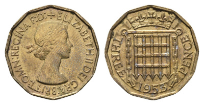 Великобритания 3 пенса 1953 Елизавета II (1952-2022), год-тип KM 886, Spink 4152 никель латунь UNC 4691-637