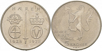 Норвегия 5 крон 1978 350 лет Норвежской армии KM 423 медно-никель UNC 3855-536