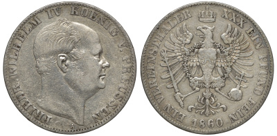 Пруссия 1 талер 1860 А, ФРИДРИХ ВИЛЬГЕЛЬМ IV (1840-1861) KM 471, AKS 78, Dav. 775 серебро 00-00