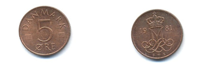 ДАНИЯ 5 ЭРЕ 1981 B; B, МАРГРЕТЕ II (1972-) KM 859.2 железо плакированное медью 23-546