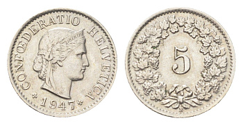 Швейцария 5 раппенов 1947 B KM 26 медно-никель 4705-1239