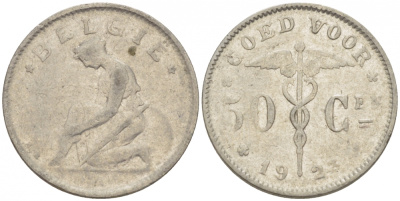 БЕЛЬГИЯ 50 САНТИМОВ 1923 BELGIE KM 88 никель 261-1113