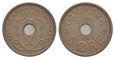 Дания 5 эре 1936 N, Кристиан X (1912-1947) KM 828 бронза 4638-626