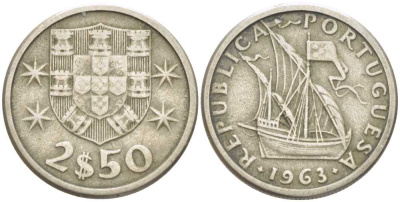 Португалия 2,5 эскудо 1963 парусник KM 590 медно-никель 213-236