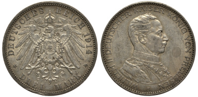 Пруссия 3 марки 1914 Вильгельм II (1888-1918) в мундире KM 538, J.113 серебро 3711-615