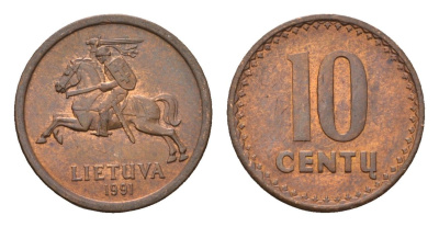 Литва 10 центов (сентов) 1991 год-тип KM 88 бронза aUNC 4651-455