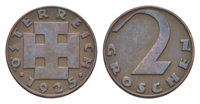 Австрия 2 гроша 1925 KM 2837 бронза 4160-815