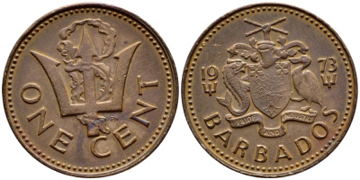 Барбадос 1 цент 1973 сломанный трезубец Британии KM 10 бронза 4396-1244