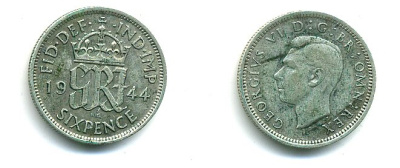 Великобритания 6 пенсов 1944 Георг VI (1936-1952) KM 852, Spink 4084 серебро 61-1117