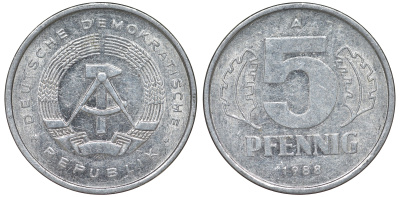 ГДР 5 ПФЕННИГОВ 1988 А алюминий 62-543