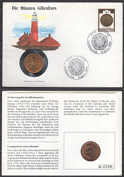 Гибралтар 2 пенса 1990 в конверте с маркой (КПД - Конверт первого дня Гашения) KM 21 бронза UNC 9001-81