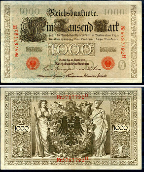 Германия 1000 марок 1910 21 апреля 1910, красная печать, номер семизначный, серия H, буква O, выпуск АПРЕЛЬ - ИЮЛЬ 1918 Pick 44 b бумага 2194-35-1-1
