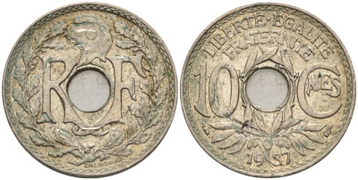 Франция 10 сантимов 1937 KM 866а, Le Franc 138.24 медно-никель 4591-1047