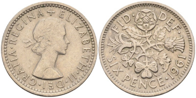 Великобритания 6 пенсов 1961 Елизавета II (1952-2022) KM 903, Spink 4149 медно-никель 4115-732
