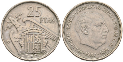 Испания 25 песет 1957(59) Франсиско Франко (1939-1975) KM 787 медно-никель 4571-1256