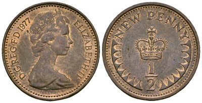 Великобритания 1/2 пенни 1977 Елизавета II (1952-2022) KM 914, Spink 4239 бронза 4173-817