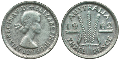 Австралия 3 пенса 1962 m, Елизавета II (1952-2022) KM 57 серебро 71-825